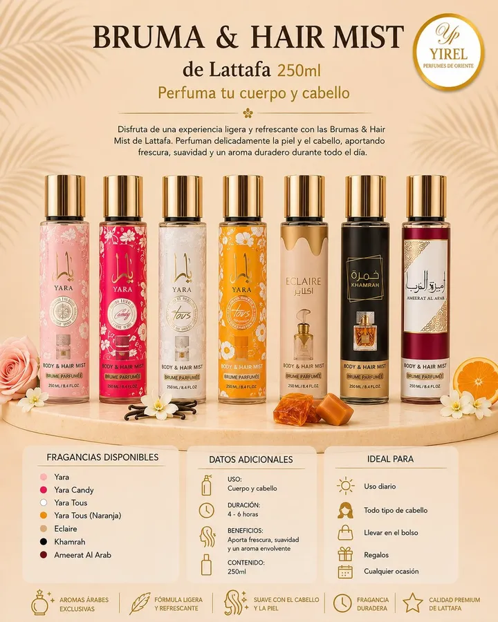 Lattafa Perfumes — Bruma & Hair Mist Lattafa 250ml, Cuerpo & Cabello