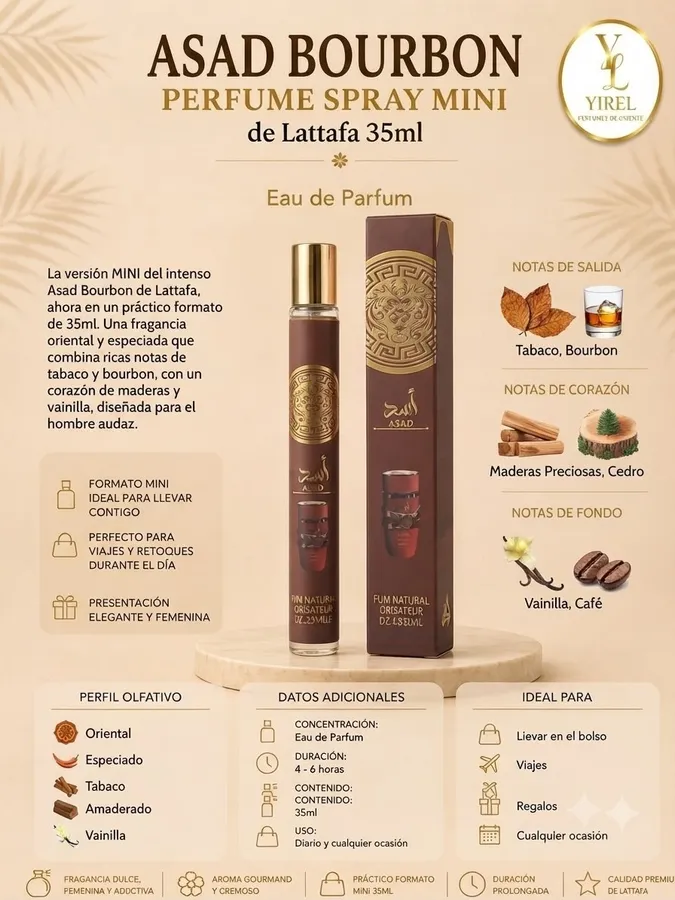 Lattafa — Asad Bourbon Mini 35ml, Oriental · Amaderada · Tabaco