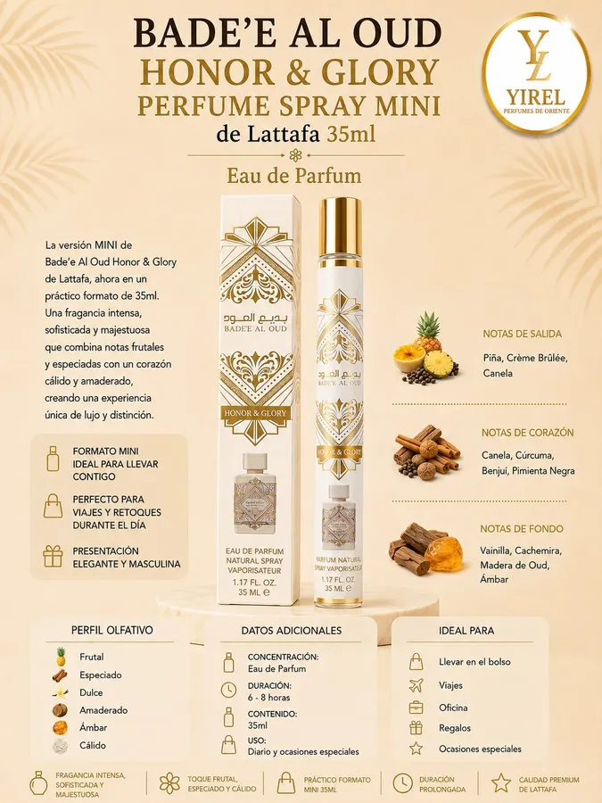 Lattafa — Bade'e Al Oud Honor & Glory Mini 35ml, Frutal · Especiada · Amaderada