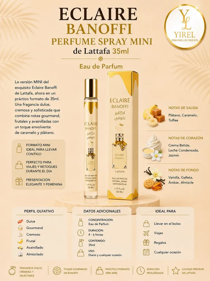 Lattafa — Eclaire Banoffi Mini 35ml, Dulce · Gourmand · Cremosa