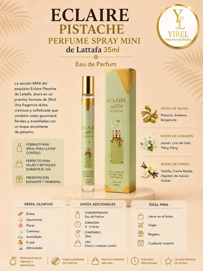 Lattafa — Eclaire Pistache Mini 35ml, Dulce · Gourmand · Floral