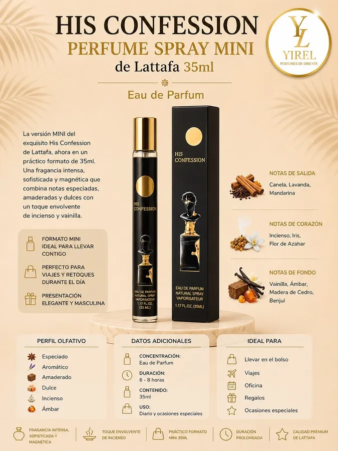 Lattafa — His Confession Mini 35ml, Especiada · Aromática · Amaderada