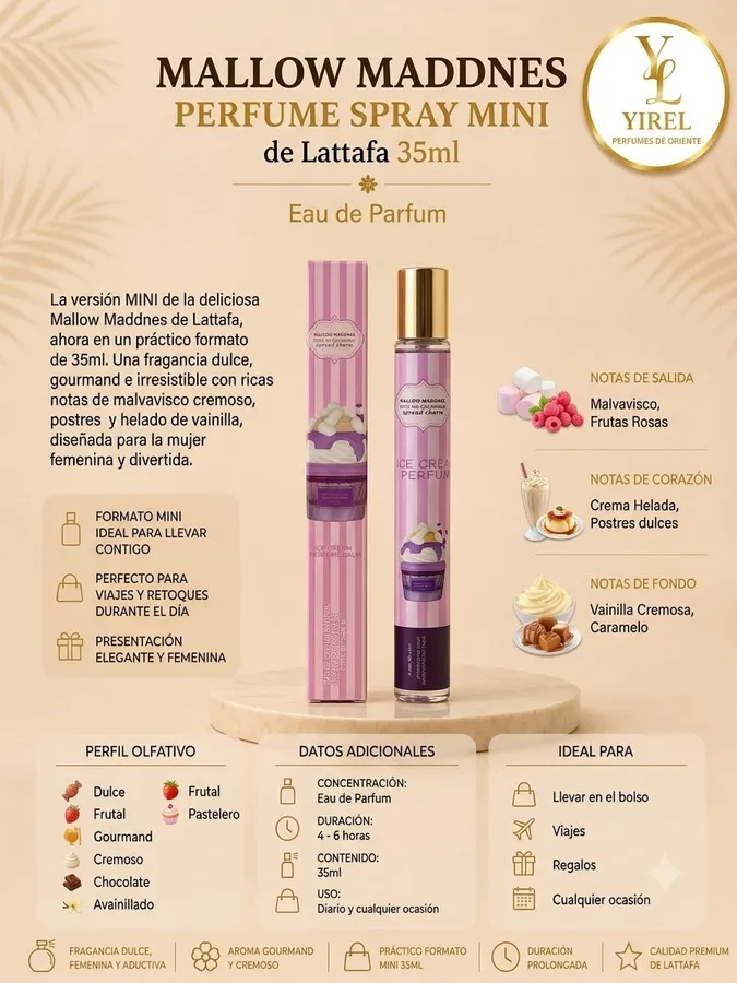 Lattafa — Mallow Maddnes Mini 35ml, Dulce · Gourmand · Cremosa