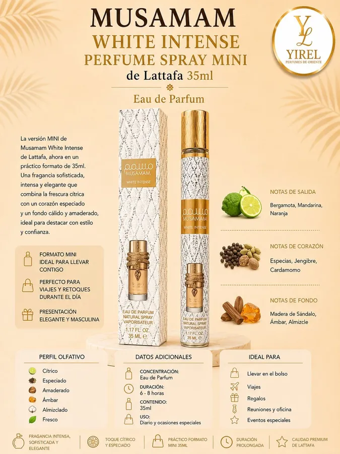 Lattafa — Musamam White Intense Mini 35ml, Cítrica · Especiada · Amaderada