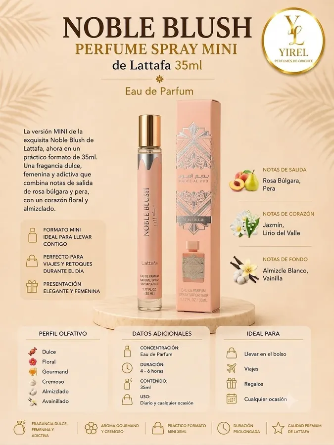 Lattafa — Noble Blush Mini 35ml, Floral · Dulce · Almizclada