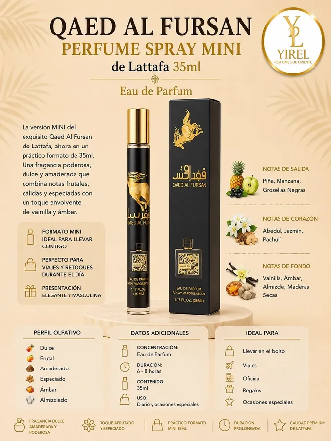 Lattafa — Qaed Al Fursan Mini 35ml, Frutal · Amaderada · Especiada